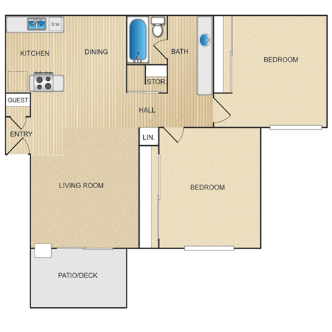 Floor plan for 2 beds, 1 bath, 900 sqft